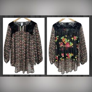 Ivy Jane Floral Lace Blouse Boho High Low Tunic Top Sheer Romantic Western M